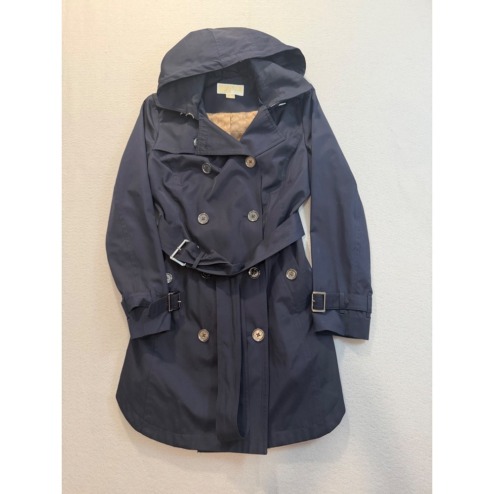 Michael Kors Navy Blue Hooded Trench Coat Double Breasted Belted Petite Medium